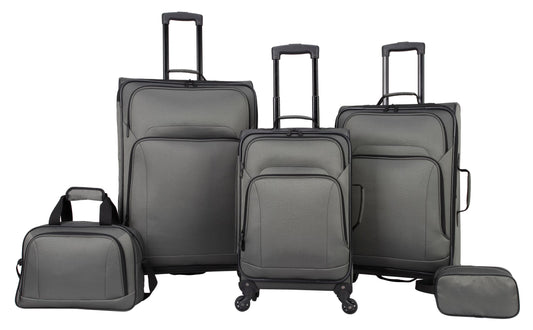 Protege 5 Piece Spinner Luggage Set, Includes 28 in Checked, 24 in Checked Bags, 20 in Carry-on, 15 in Boarding Tote and Matching Utility Bag, All Ages, Grey