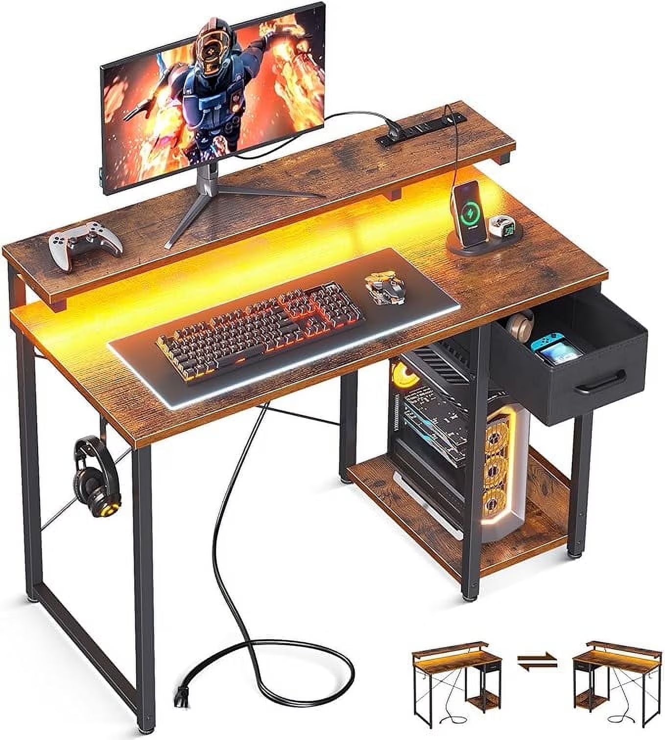 40 inch Computer Desk with Power Outlets & LED Lights, Home Office Desk with 3 Drawers & Adjustable Monitor Shelf,, Writing Desk with Storage Bag, Vintage