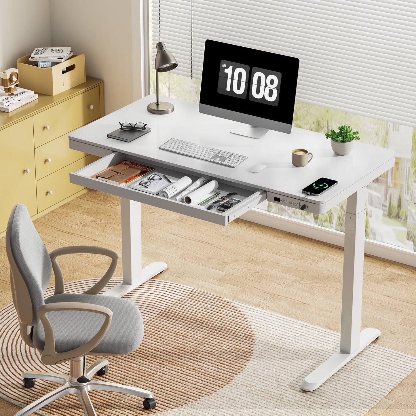 FLEXISPOT 48" W Home Office Height Adjustable Standing Desk White and Maple with USB Charge Ports and Embedded Drawer