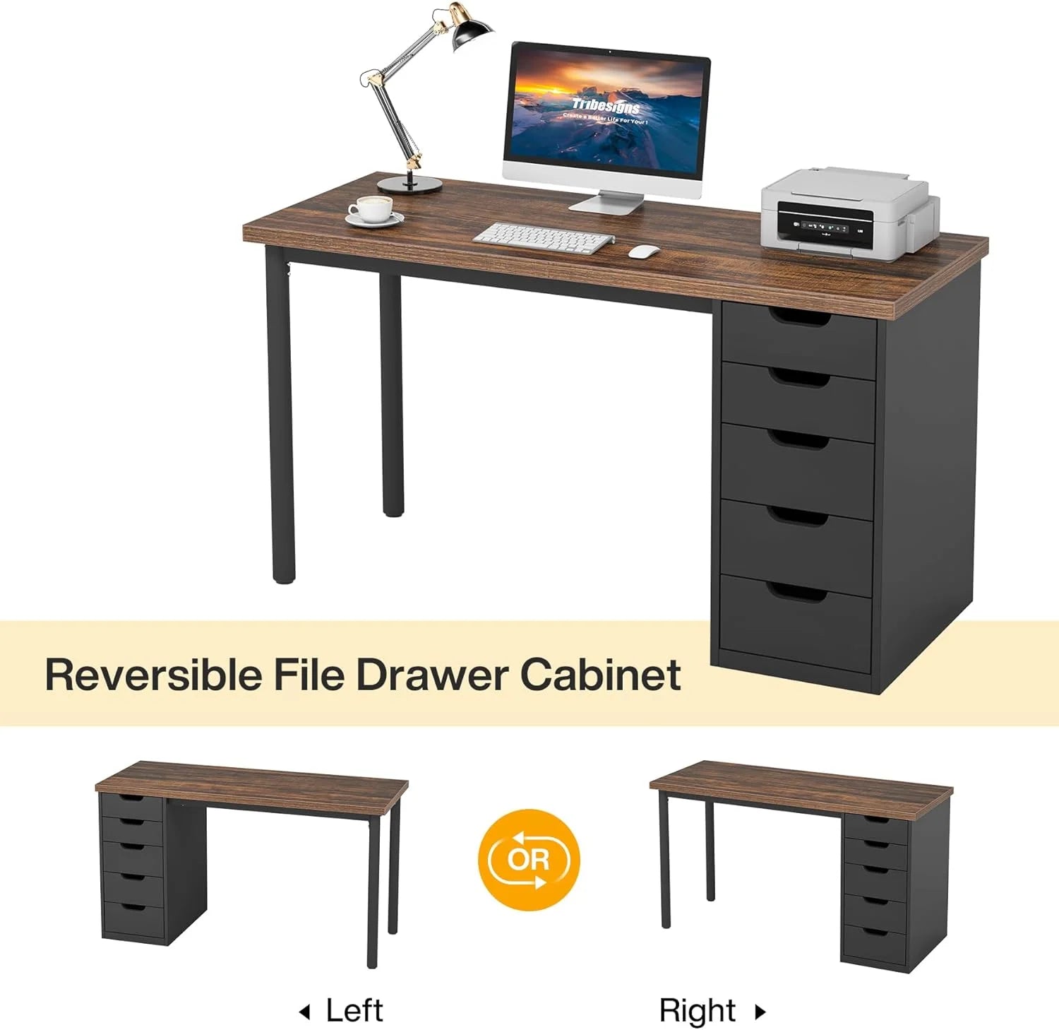 Finmind Computer Desk with 5 Drawers, 47 inches Rustic Brown Home Office Desk with Storage, Modern Study Writing Table Workstation for Small Spaces, Brown & White