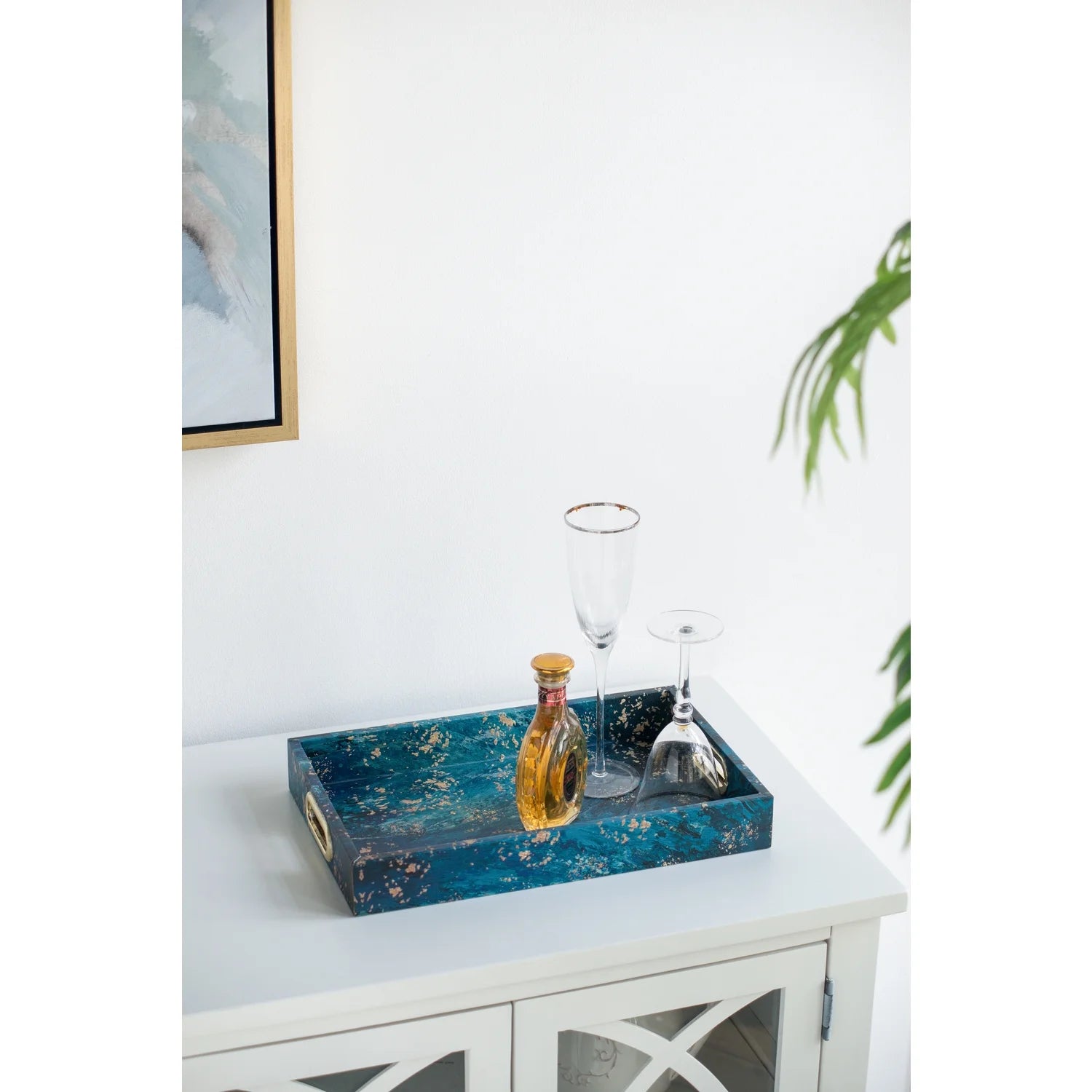 A& B Home Decorative Tray with Handles - Modern Minimalist Style Faux Leather Set of 2 Perfume Tray for Ottoman Couch Centerpiece Table Decor, Blue