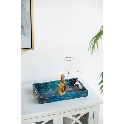 A& B Home Decorative Tray with Handles - Modern Minimalist Style Faux Leather Set of 2 Perfume Tray for Ottoman Couch Centerpiece Table Decor, Blue
