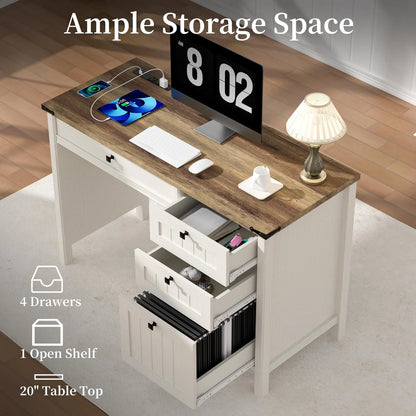 FIAKOA 45"Executive Desk, Modern Farmhouse Computer Desk with Drawers & Cabinet, White Home Office Desk Writing Workspace for Work Study