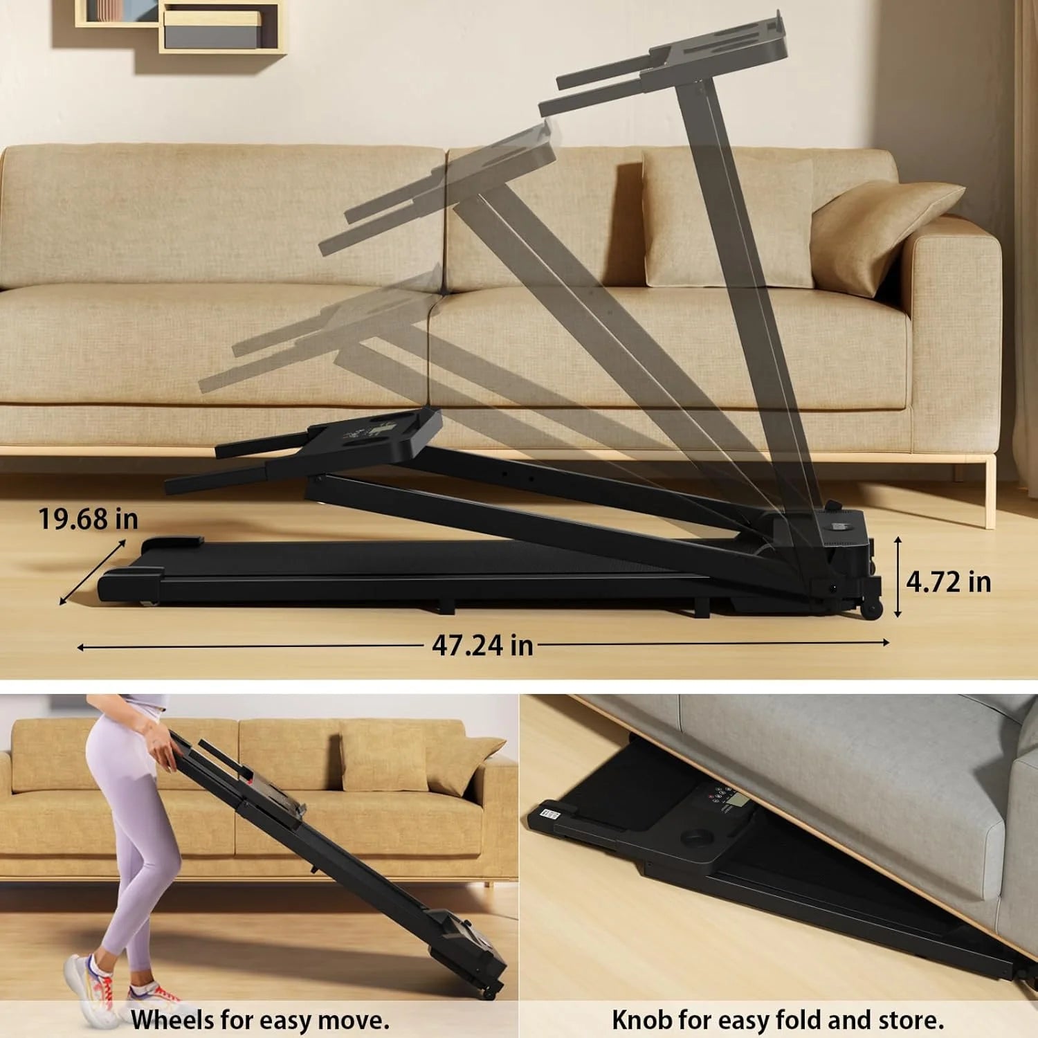 300 lbs Portable Folding Treadmill, 3.0 HP Foldable Compact Treadmill for Home Office, Walking Running Treadmill with LED Display for Exercise