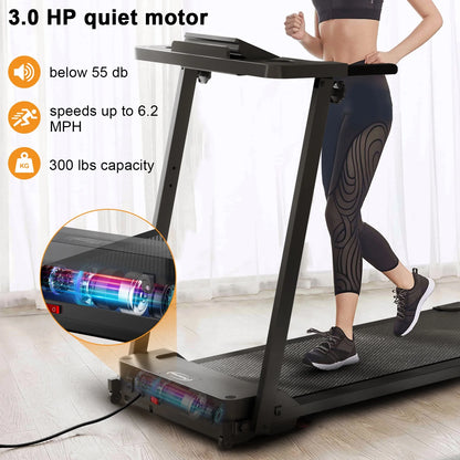 300 lbs Portable Folding Treadmill, 3.0 HP Foldable Compact Treadmill for Home Office, Walking Running Treadmill with LED Display for Exercise