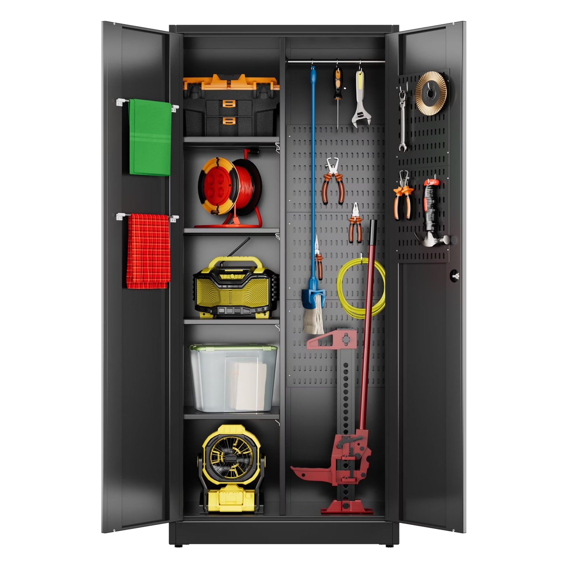 Aobabo 71.41''H Metal Garage Storage Cabinet with Lockable Doors and Hanging Rod,Broom Closet Storage Cabinet with Pegboard and Adjustable Shelves for Home Office School,Required Assembly,Black