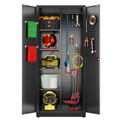 Aobabo 71.41''H Metal Garage Storage Cabinet with Lockable Doors and Hanging Rod,Broom Closet Storage Cabinet with Pegboard and Adjustable Shelves for Home Office School,Required Assembly,Black