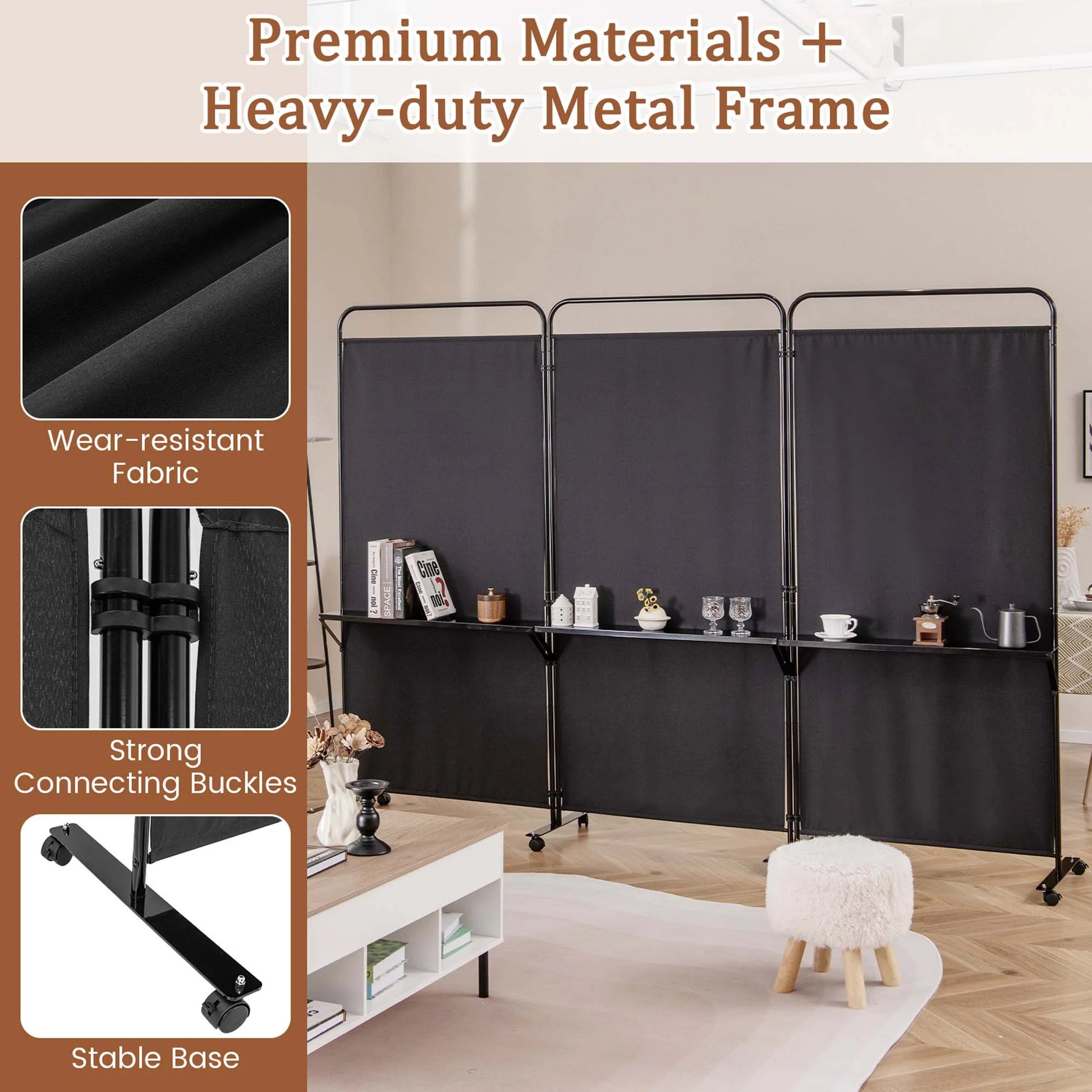 Costway 3-Panel Room Divider with Storage Shelves 6FT Tall Folding Privacy Screen on Wheels Black