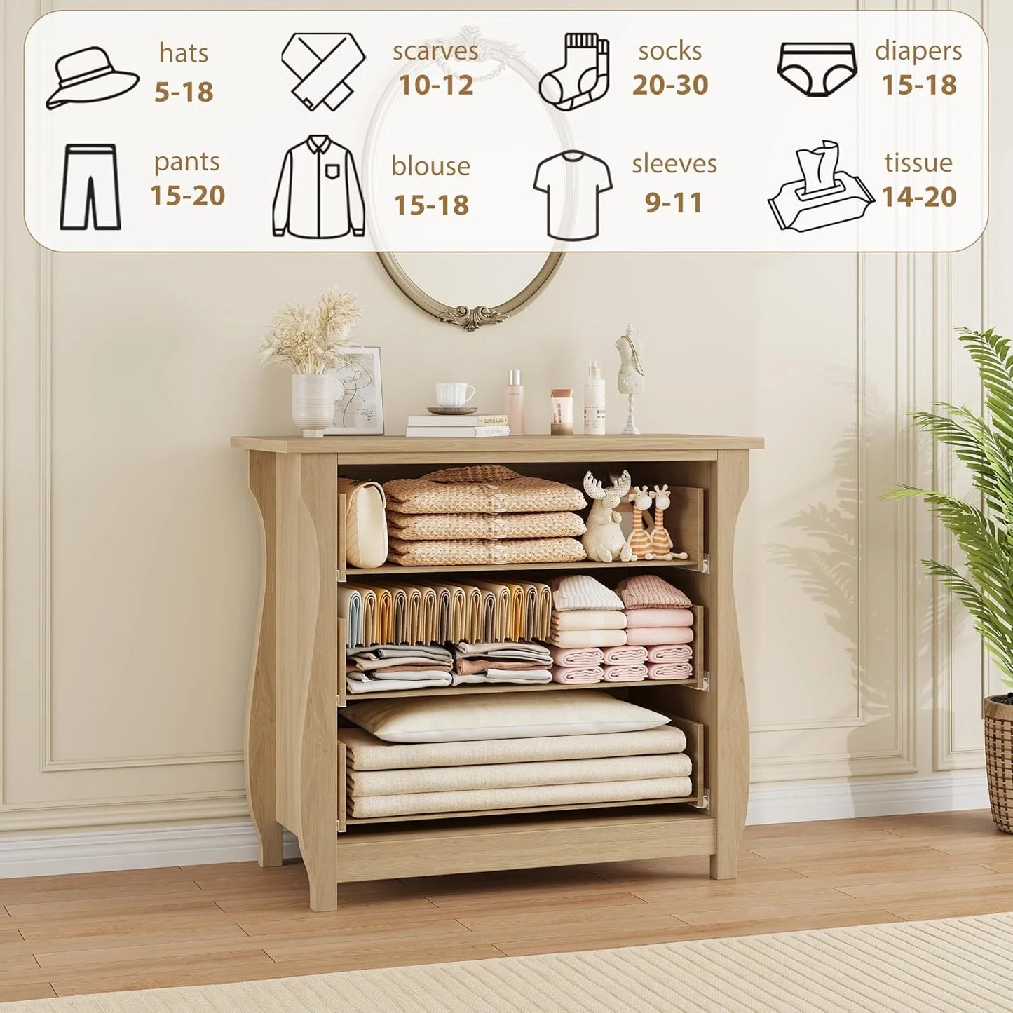 M optimized Wood 3-Drawer Dresser, Boho Dresser with Curved Legs, Rattan Accents, and Freestanding Storage for Living Room, Bedroom, Entryway, or Balcony