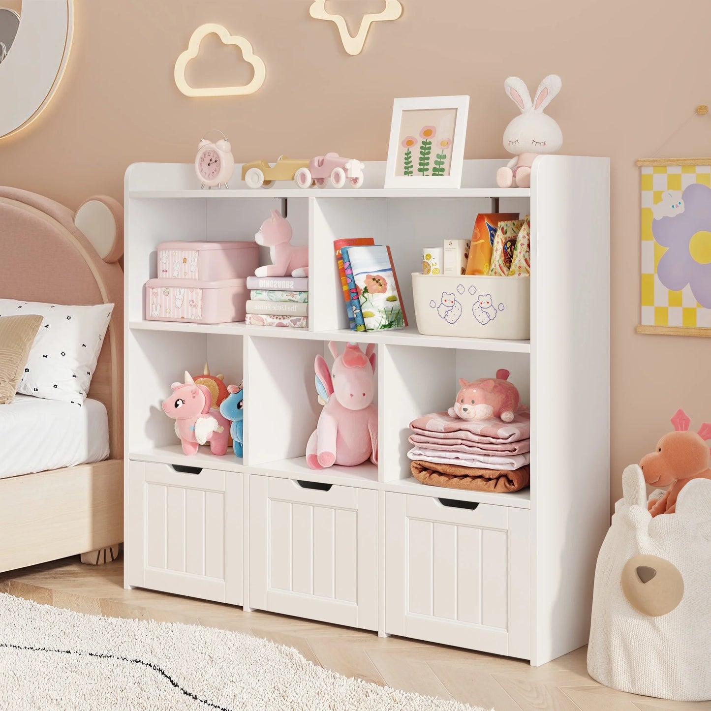 Kids Toy Storage Cabinet with 3 Movable Drawers and 6 Open Shelves, Noelse Kids Bookcase with Storage for Playroom Nursery Kids Room Organization, White
