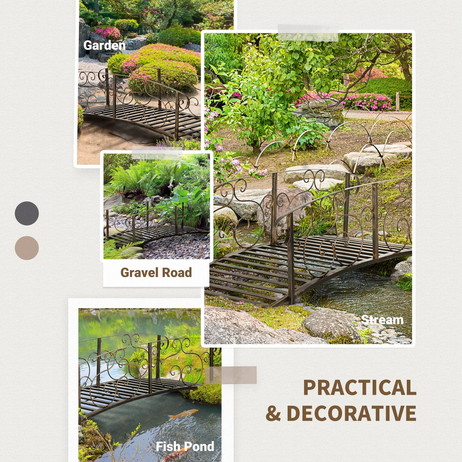 QISHENSHUI 6FT Durable Wooden Garden Bridge - Solid Timber Construction with Sturdy Safety Rails for Stylish Decorative Accents Over Ponds, Streams & Garden Water Features, Bronze