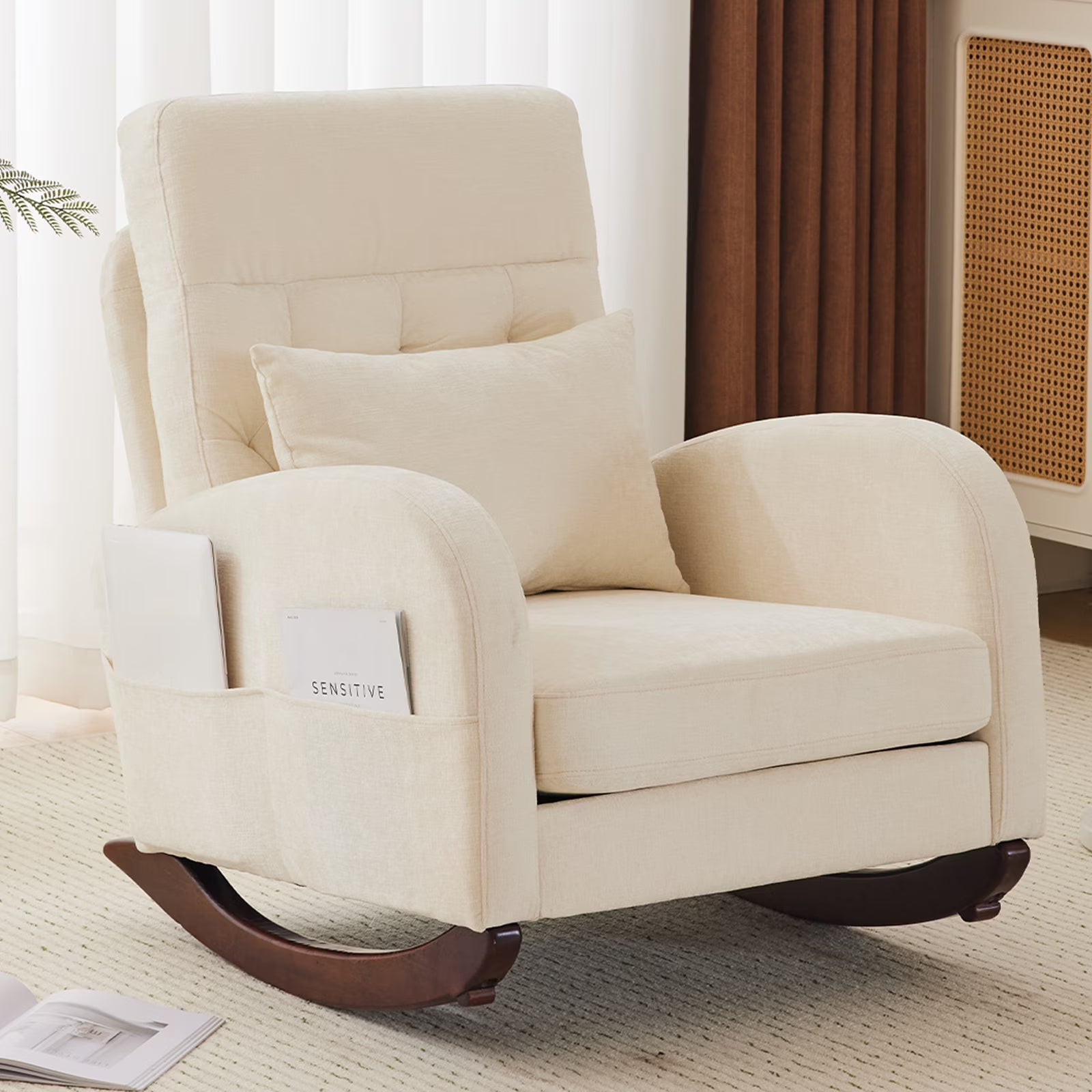 Ktaxon Rocking Accent Chair Glider Reading Chair Comfy Teddy Velvet Upholstered Single Sofa Rocker for Living Room, Nursery, Bedroom Beige