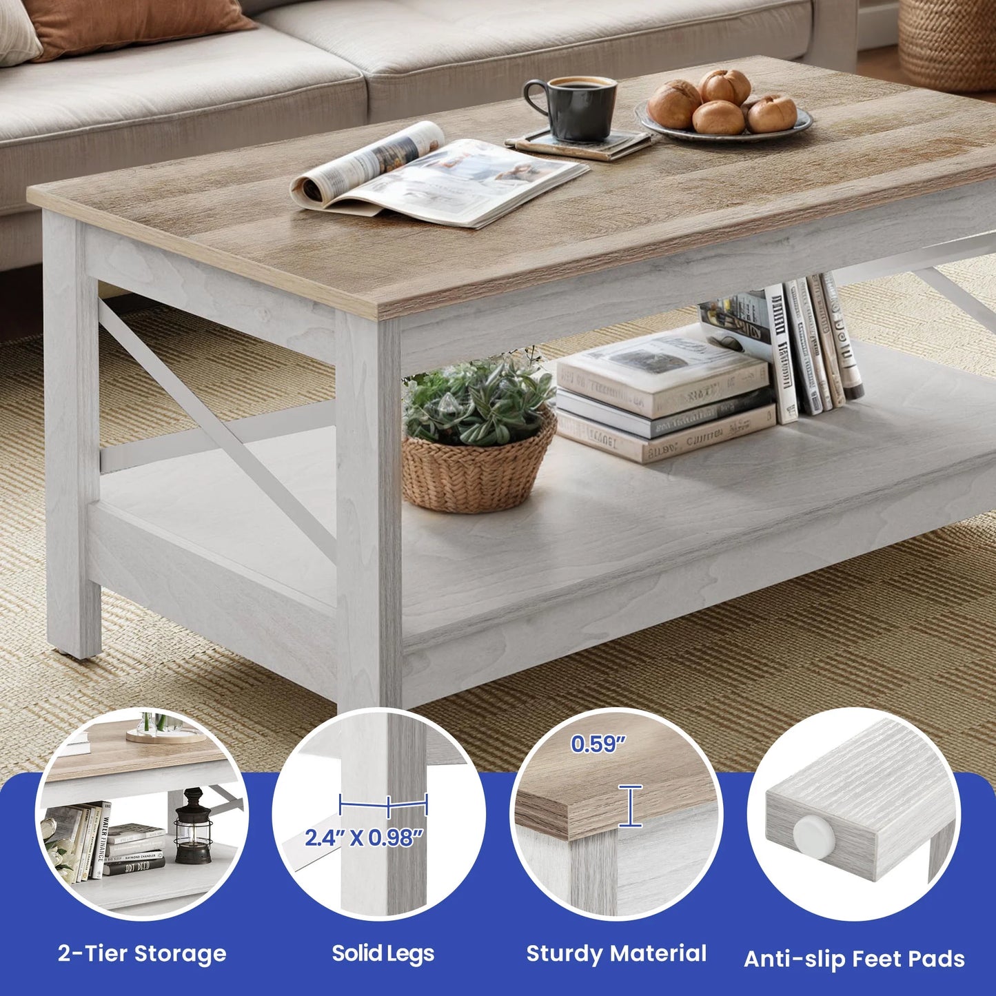 Wooflex Rustic Wood Coffee Table with 2-Tier Storage Shelf, Rectangle Design for Living Room or Home Office