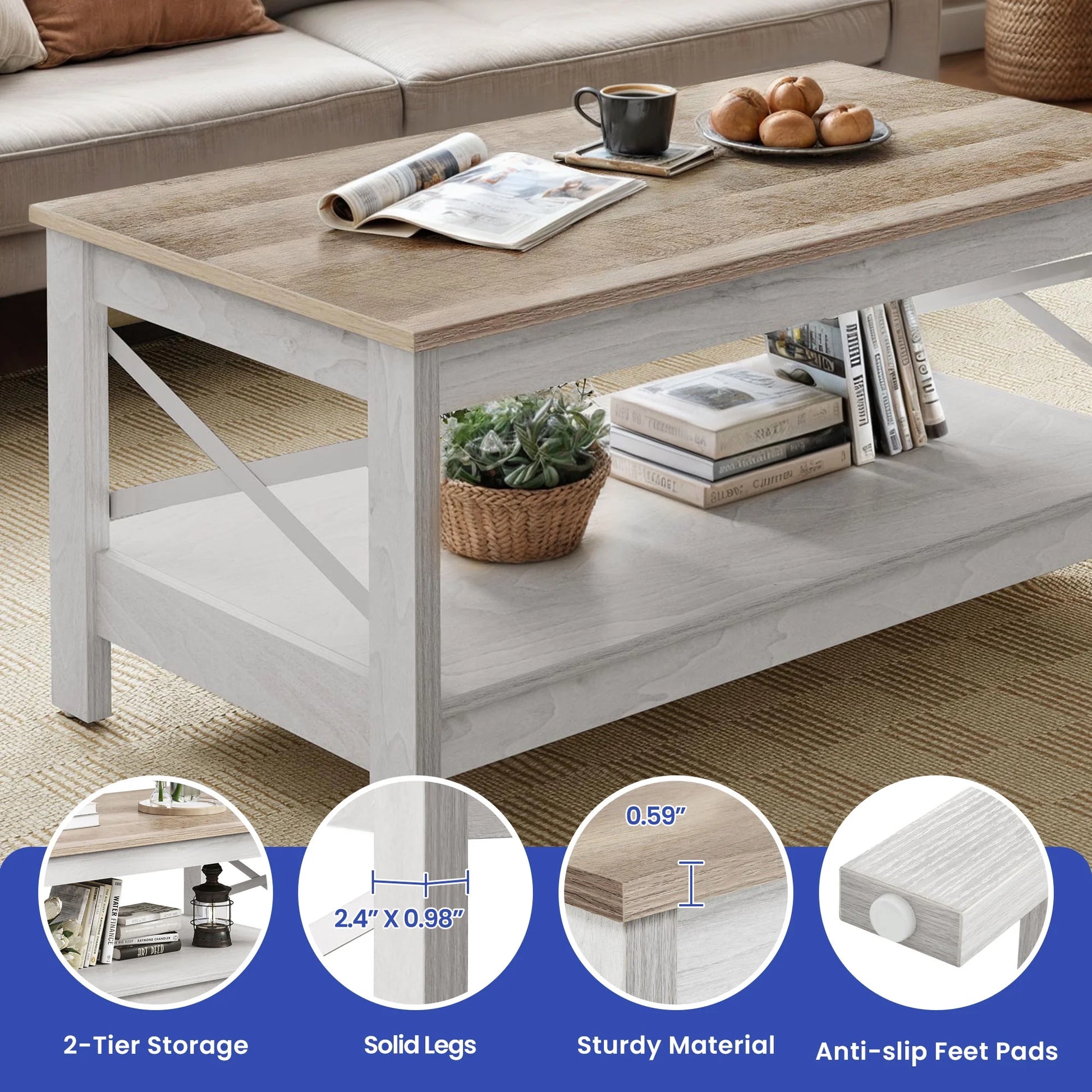 Wooflex Rustic Wood Coffee Table with 2-Tier Storage Shelf, Rectangle Design for Living Room or Home Office
