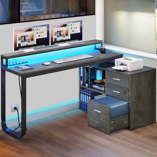 DWVO 55" L Shaped Desk with Power Outlets and Monitor Stand , Computer Desk with LED Light &File Cabinet, Corner Desk with 3 Drawers, White Modern Home Office Desk, Gray
