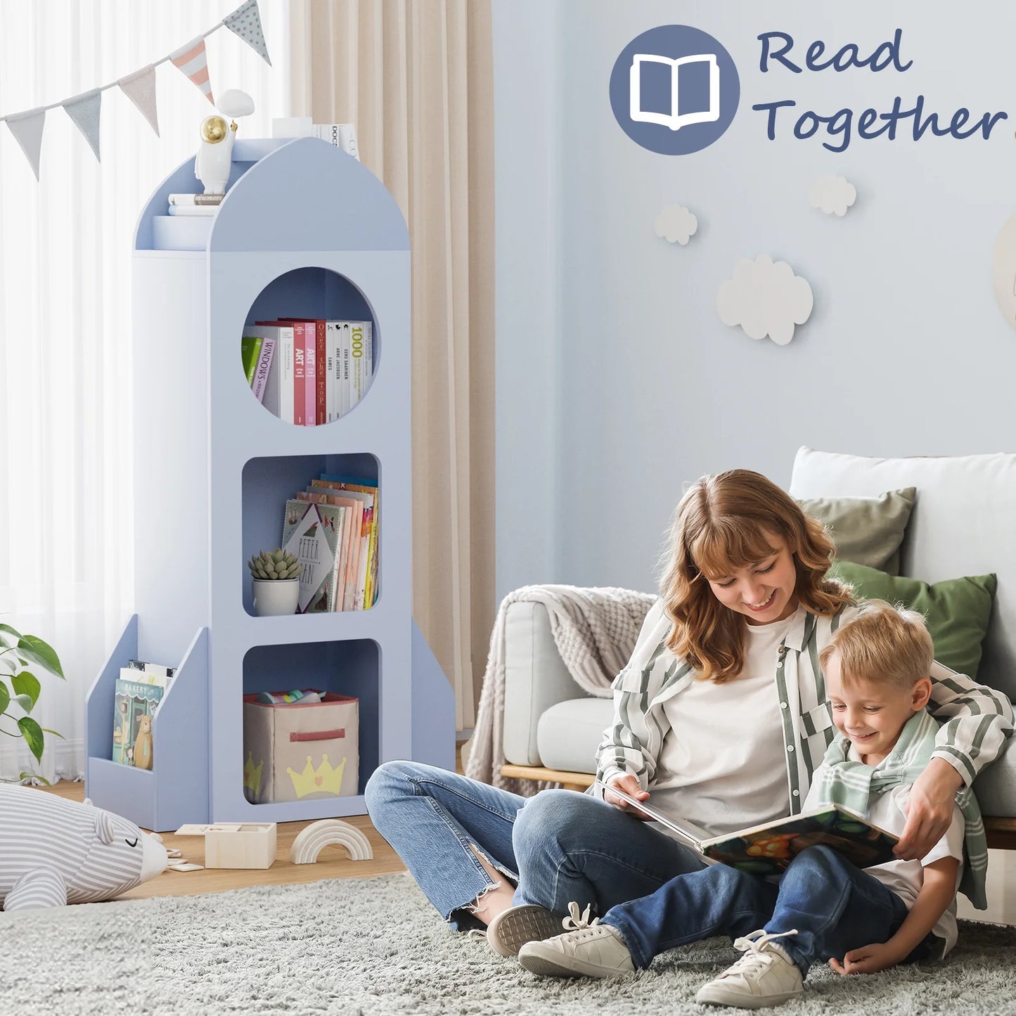Pirecart Kids Bookshelf 3-Tier Wooden Kids Bookcase with Toy Storage for Bedroom, Playroom, Nursery, Blue