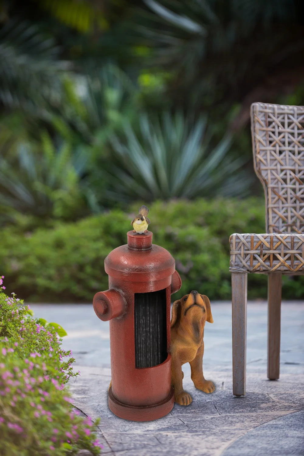 Water Fountains 16.2x11x26.8" Red Fire Hydrant Water Fountain with Dog and Bird Accents, Outdoor Fountian with Light and Pump,Outdoor Water Fountains