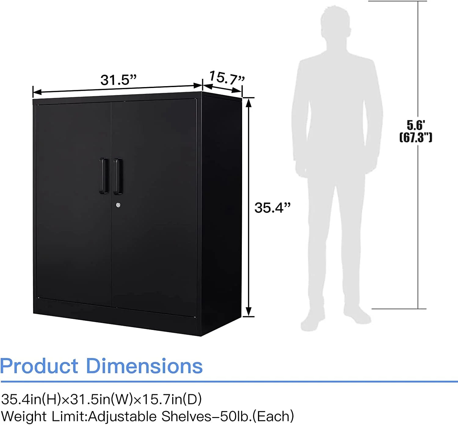 Metal Garage Storage Cabinet with 2 Doors and 2 Adjustable Shelves - 35.5" Steel Lockable File Locking Counter Cabinet for Home Office,Gym,SchoolBlack