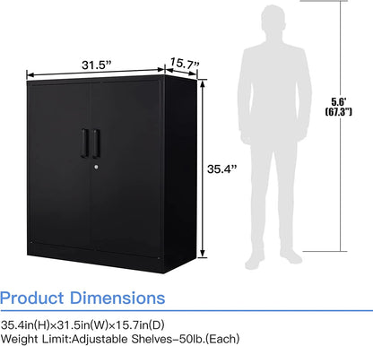 Metal Garage Storage Cabinet with 2 Doors and 2 Adjustable Shelves - 35.5" Steel Lockable File Locking Counter Cabinet for Home Office,Gym,SchoolBlack
