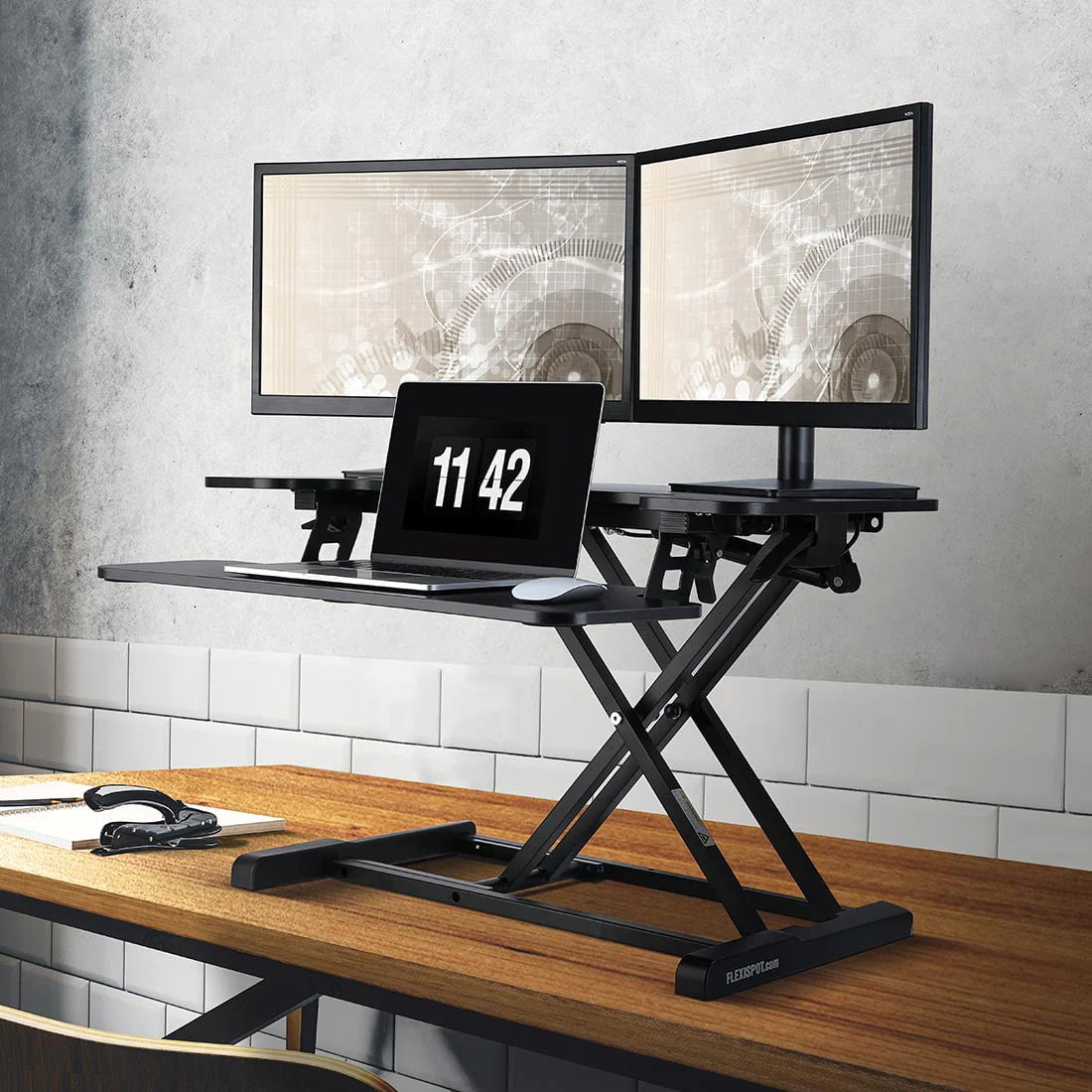 FLEXISPOT Home Office Height Adjustable Standing Desk Converter Black 32" U-Shape with Keyboard Tray