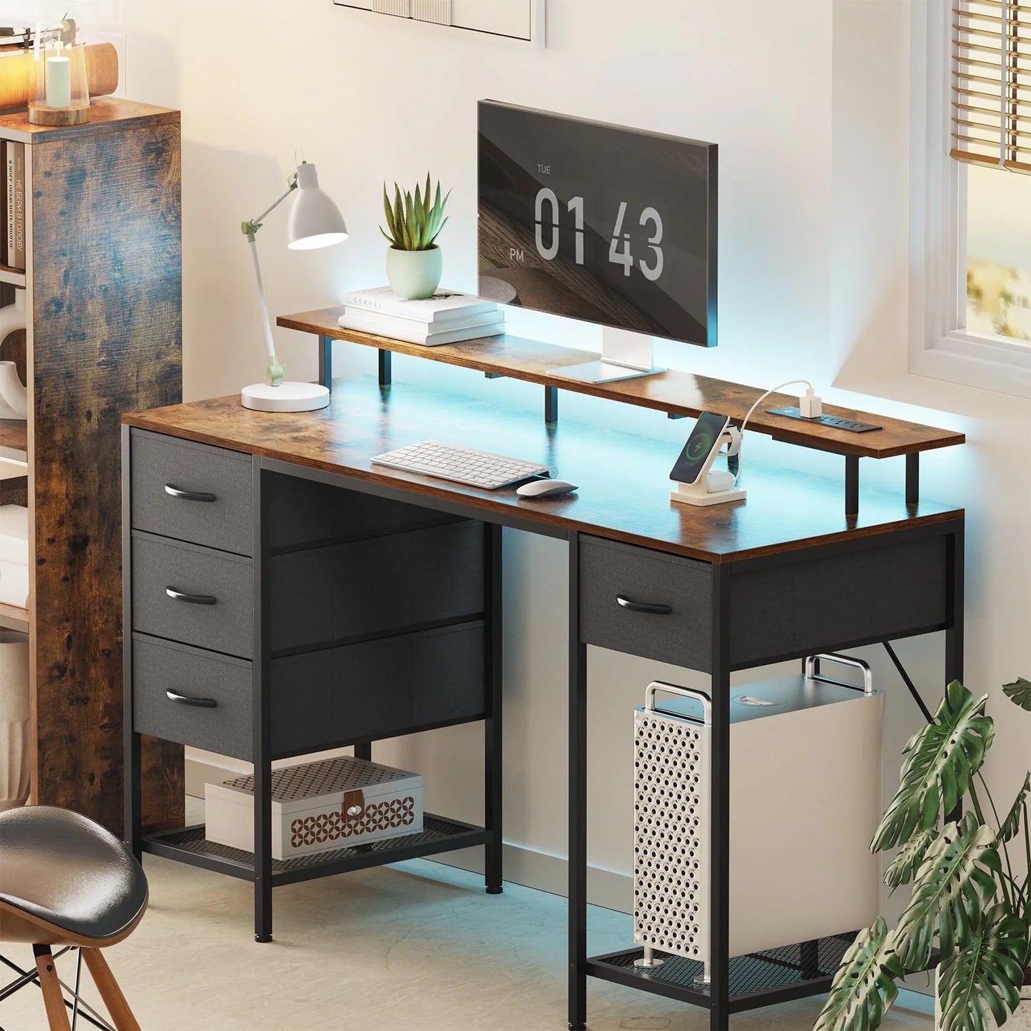 Huuger 55" Computer Desk with LED Lights & Power Outlets, Industrial Home Office Desk with Drawers & Storage Shelves, Corner Writing Desk, Gaming Desk, Rustic Brown