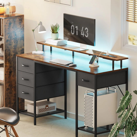 Huuger 55" Computer Desk with LED Lights & Power Outlets, Industrial Home Office Desk with Drawers & Storage Shelves, Corner Writing Desk, Gaming Desk, Rustic Brown