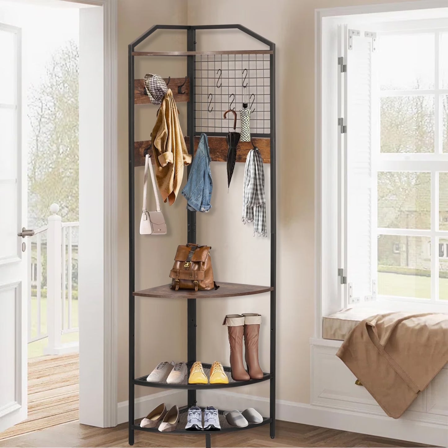 XXLYY Corner Coat Rack with Shoe Storage, Multifunctional Entryway Corner Shoe Rack with 14 Metal Hooks, Freestanding Corner Hall Tree Shelf Organizer for Home Office Bedroom
