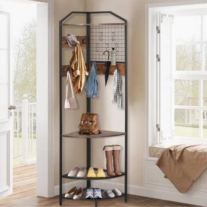 XXLYY Corner Coat Rack with Shoe Storage, Multifunctional Entryway Corner Shoe Rack with 14 Metal Hooks, Freestanding Corner Hall Tree Shelf Organizer for Home Office Bedroom