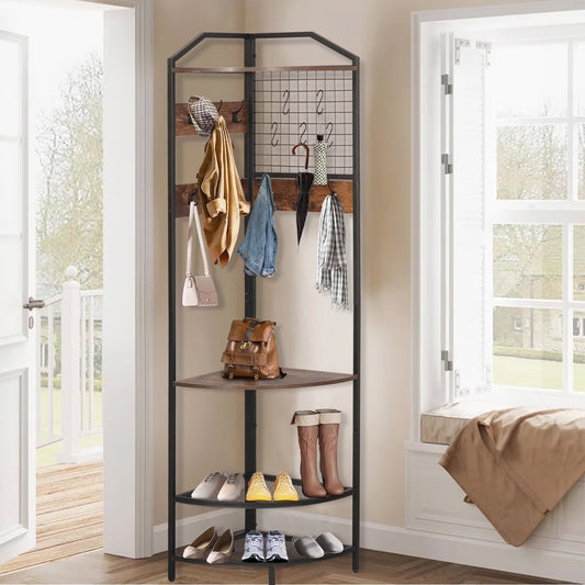 XXLYY Corner Coat Rack with Shoe Storage, Multifunctional Entryway Corner Shoe Rack with 14 Metal Hooks, Freestanding Corner Hall Tree Shelf Organizer for Home Office Bedroom