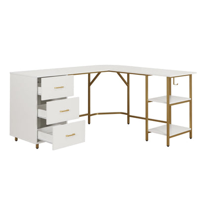 Techni Mobili L-Shape Home Office Desk with Storage, Gold