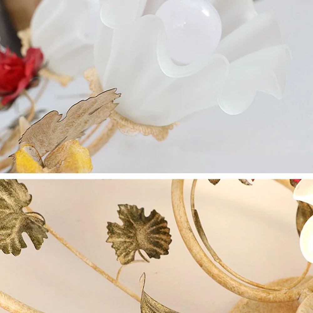 Lakiq Vintage Style Flower Glass Semi Flush Mount Ceiling Light Red Rose Decor Metal Ceiling Lamp for Living Room,7-light