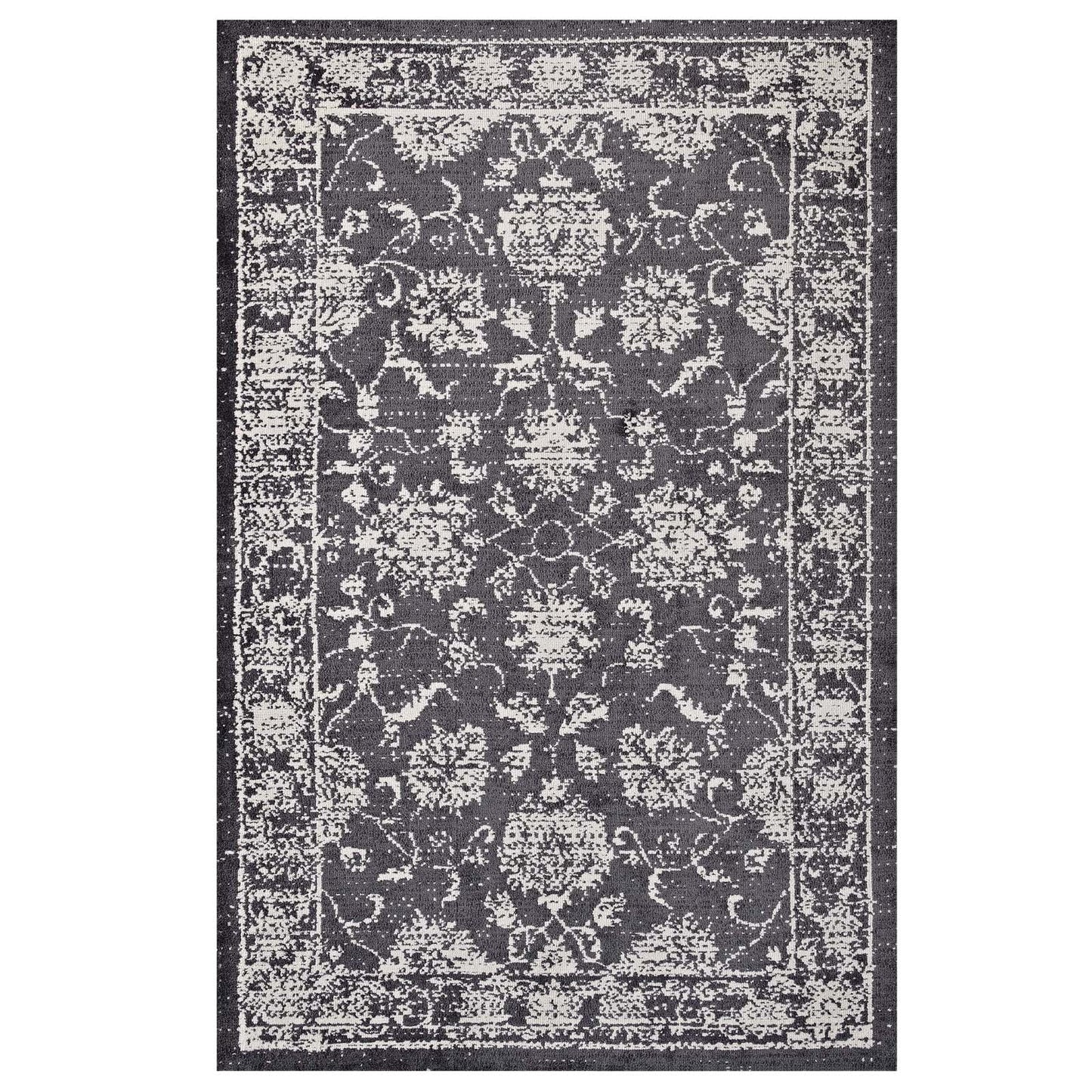 Modway Kazia Distressed Floral Lattice 8x10 Area Rug in Dark Gray and Ivory