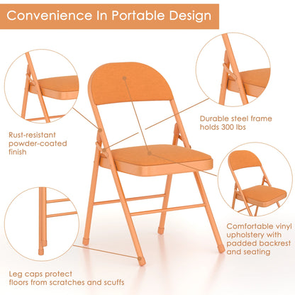 VECELO Set of 4 Folding Chairs, Fabric Dining Chair Set with Padded Cushion and Back, Indoor Outdoor Upholstered Seat with Metal Frame for Home Office Events Wedding Party, Orange