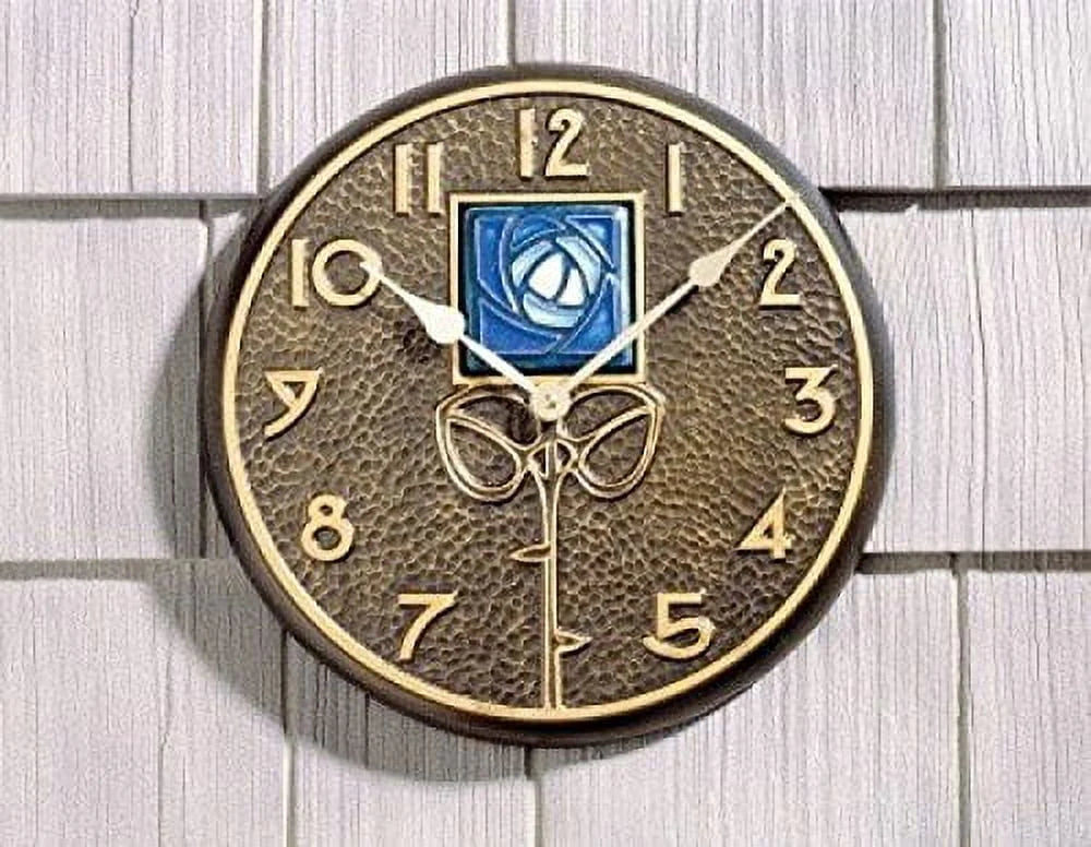Bronze Outdoor Clock w Blue Hunter Rose Design