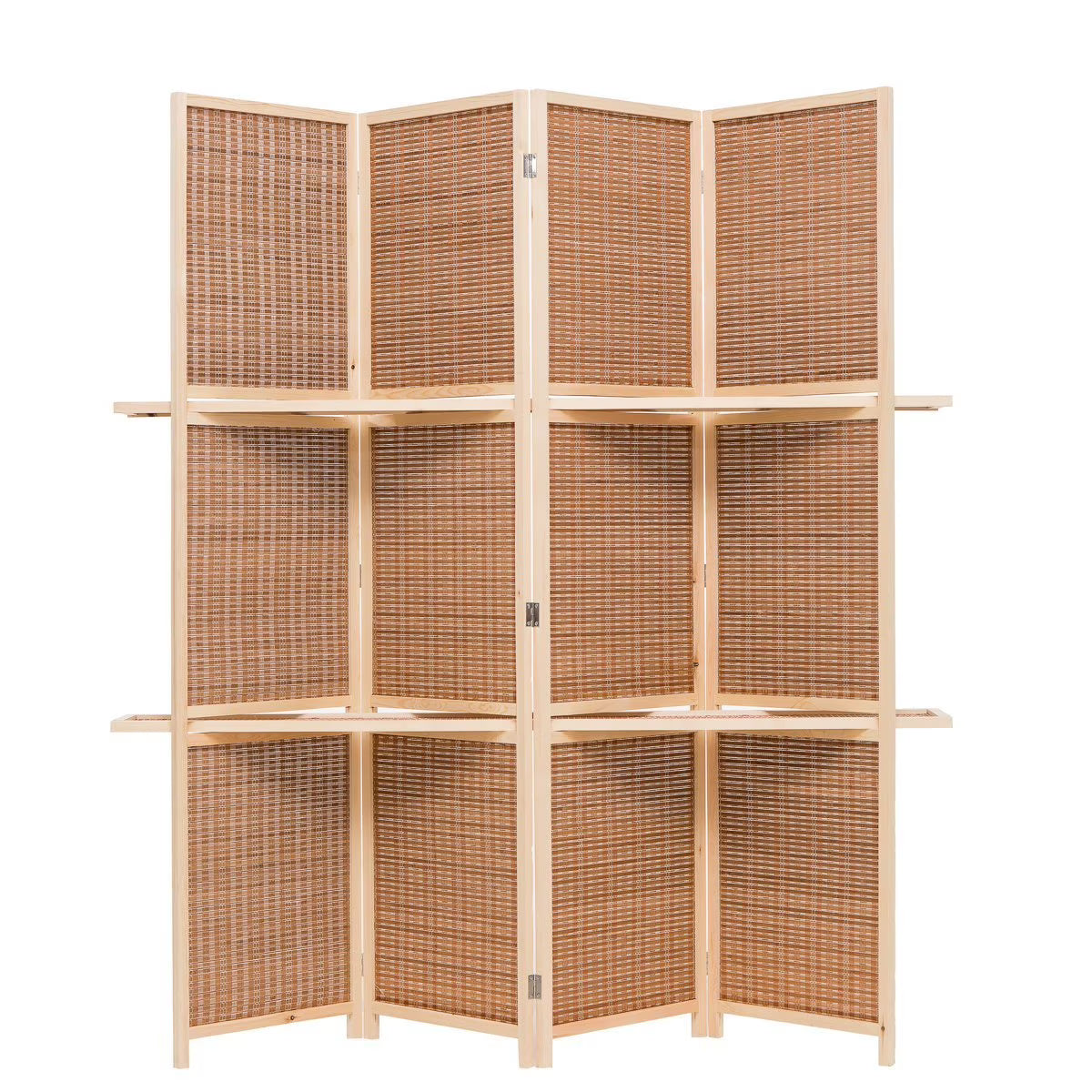 THY COLLECTIBLES Freestanding Wood Frame Woven Bamboo 4 Panels Hinged Privacy Panel Screen Partition Wall With 2 Display Shelves Holding Room Divider With Shelves-Bamboo (Brown)