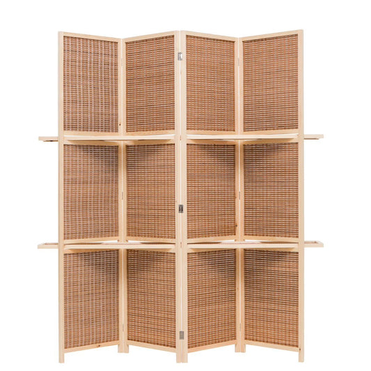 THY COLLECTIBLES Freestanding Wood Frame Woven Bamboo 4 Panels Hinged Privacy Panel Screen Partition Wall With 2 Display Shelves Holding Room Divider With Shelves-Bamboo (Brown)
