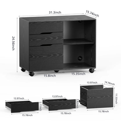 Rolling File Cabinet with Lock, 3-Drawer Wood File Cabinet for Home Office, Fits Legal/Letter/A4 Size, Printer Stand with Wheels and Open Storage Shelf, Black