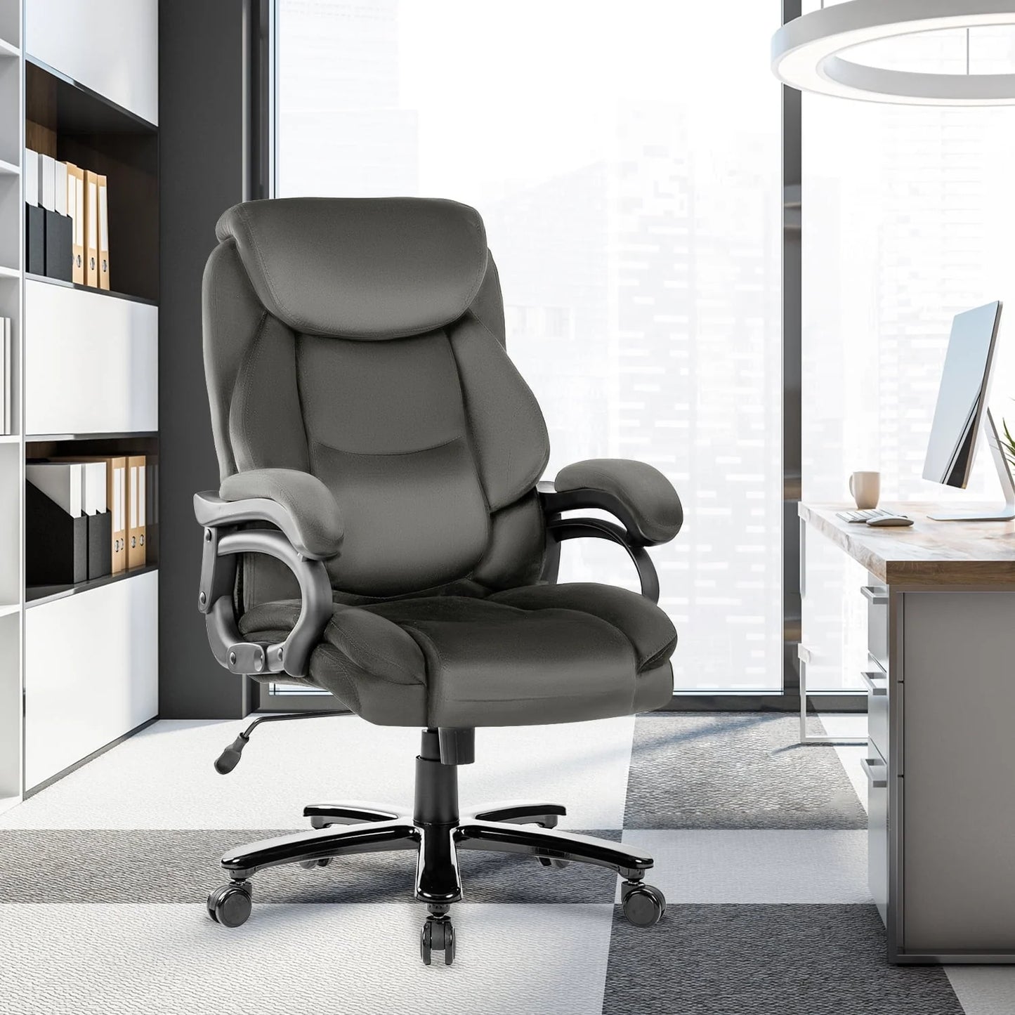 JONPONY Home Office Chair, Big and Tall Chair 8 Hours Heavy Duty Design, Ergonomic High Back Cushion Lumbar Back Support, Computer Desk Chair, Adjustable Executive Leather Chair with Arms,Grey