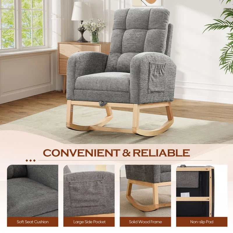 FFH Rocking Chair Nursery, Tufted Accent Rocker Chair, Upholstered Armchair with Adjustable Footrest, Side Pocket, High Backrest, Padded Seat, Polyester Blend (Retro, Dark Gray)