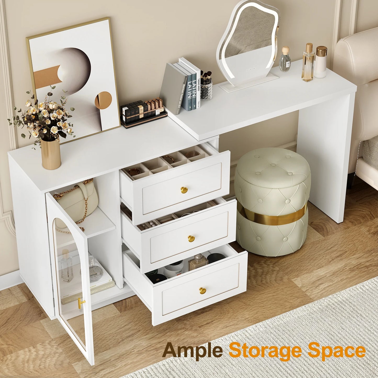 CozyHome 59° Extendable Corner Vanity Desk with Rotatable Tabletop, Large White Makeup Vanity Table for Women Girl, 3 Drawer & 1 Door, Wood Vanity Dresser for Apartment, Dorm, Study Room, Home Office