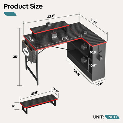 Bestier 42" L-shaped Computer Desk with Shelves LED Gaming Desk Corner Desk for Home Office, Carbon Fiber