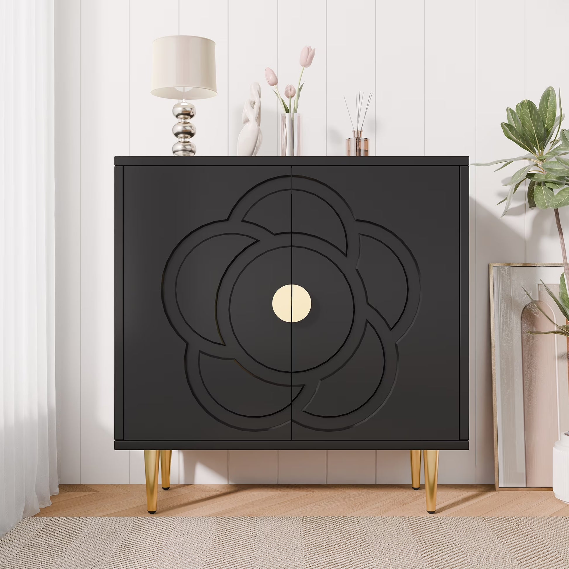 Tolead Modern Sideboard Buffet Cabinet with Flower Pattern Panel, 6 Shelves, White