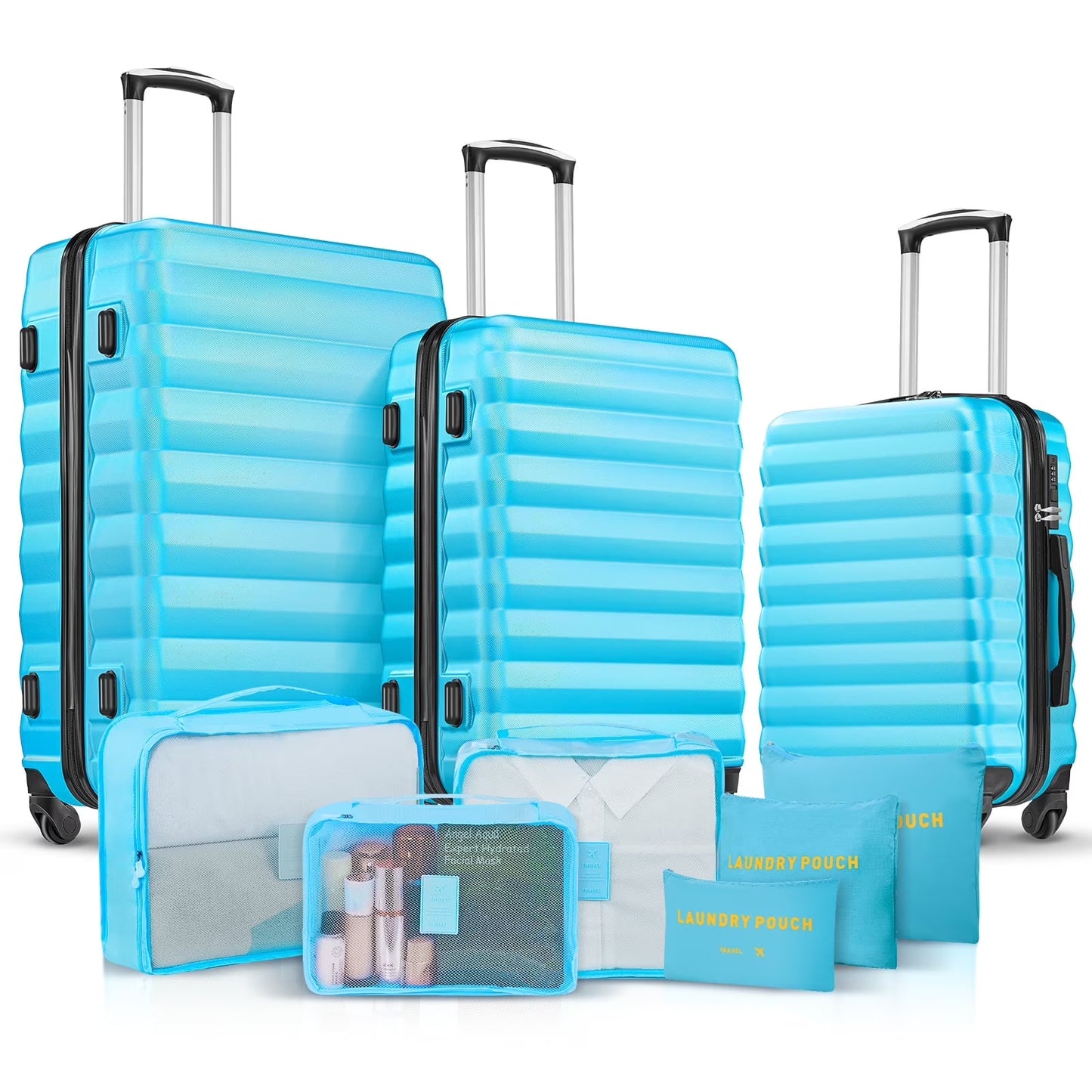 9 Piece Luggage Sets, Hard 20 24 28 inch Luggage with 6 Pieces Organize Bags Travel Suitcases Sets with Wheels, Rose