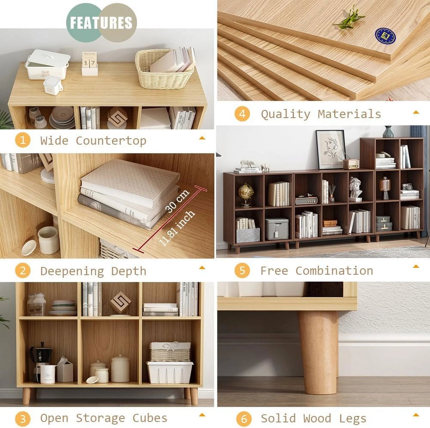 Freestanding Open Cubes Bookcase - 2-Tier Floor Standing Wooden Storage Display Cabinet Organizer with Legs for Home Office, 4-Cubes Open Shelf Low Short Bookshelf, Walnut