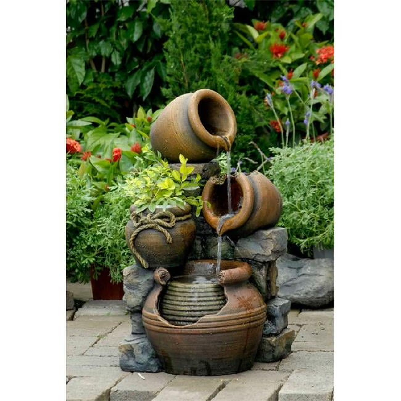 Jeco Weatherproof Multi Pots Outdoor Water Fountain with Flower Pot, Polyresin Multicolor