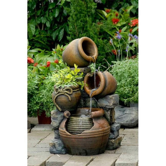 Jeco Weatherproof Multi Pots Outdoor Water Fountain with Flower Pot, Polyresin Multicolor