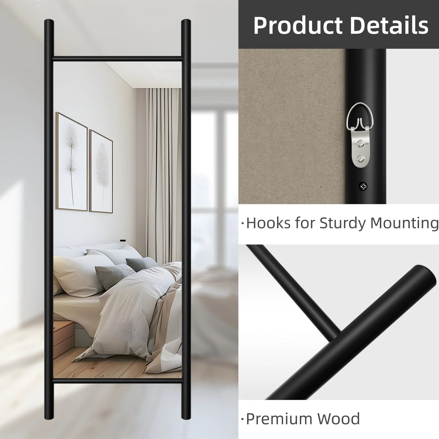 63"x24" Wood Full Length Mirror Ladder Rectangle Floor Mirror, Black