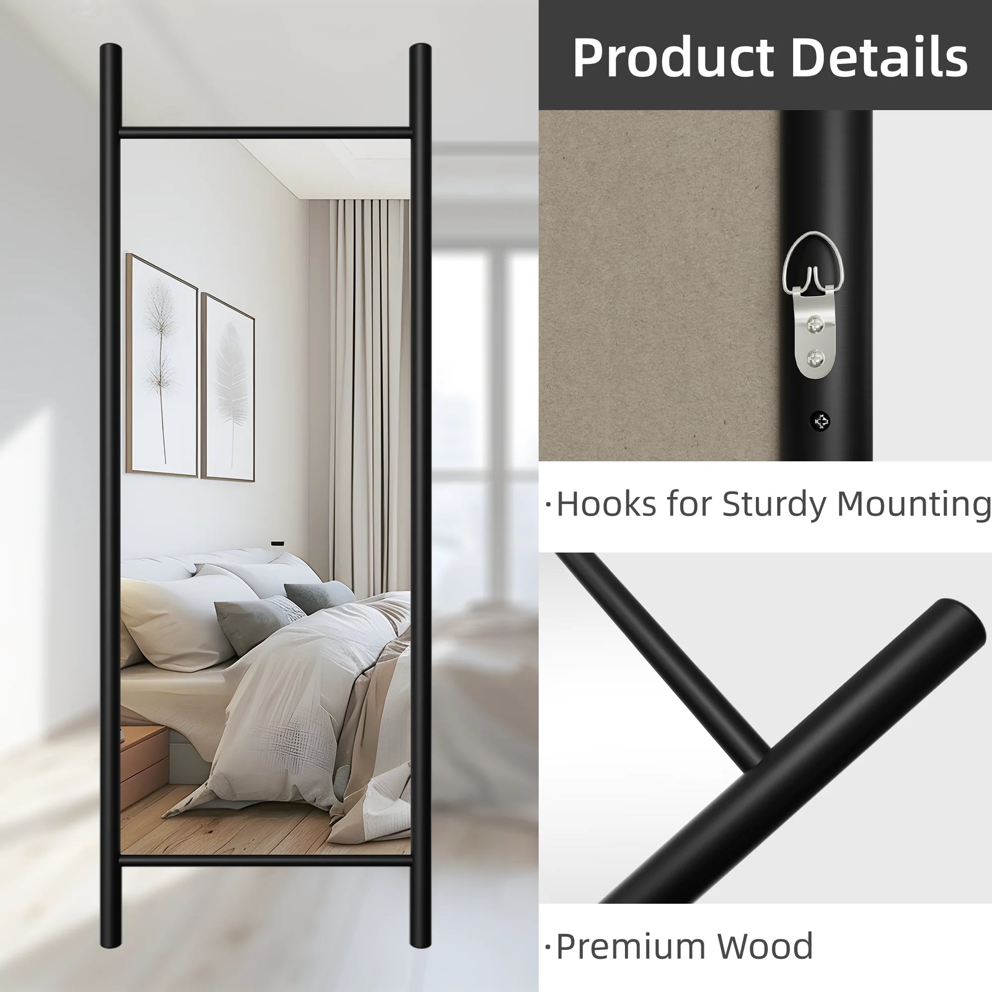 63"x24" Wood Full Length Mirror Ladder Rectangle Floor Mirror, Black
