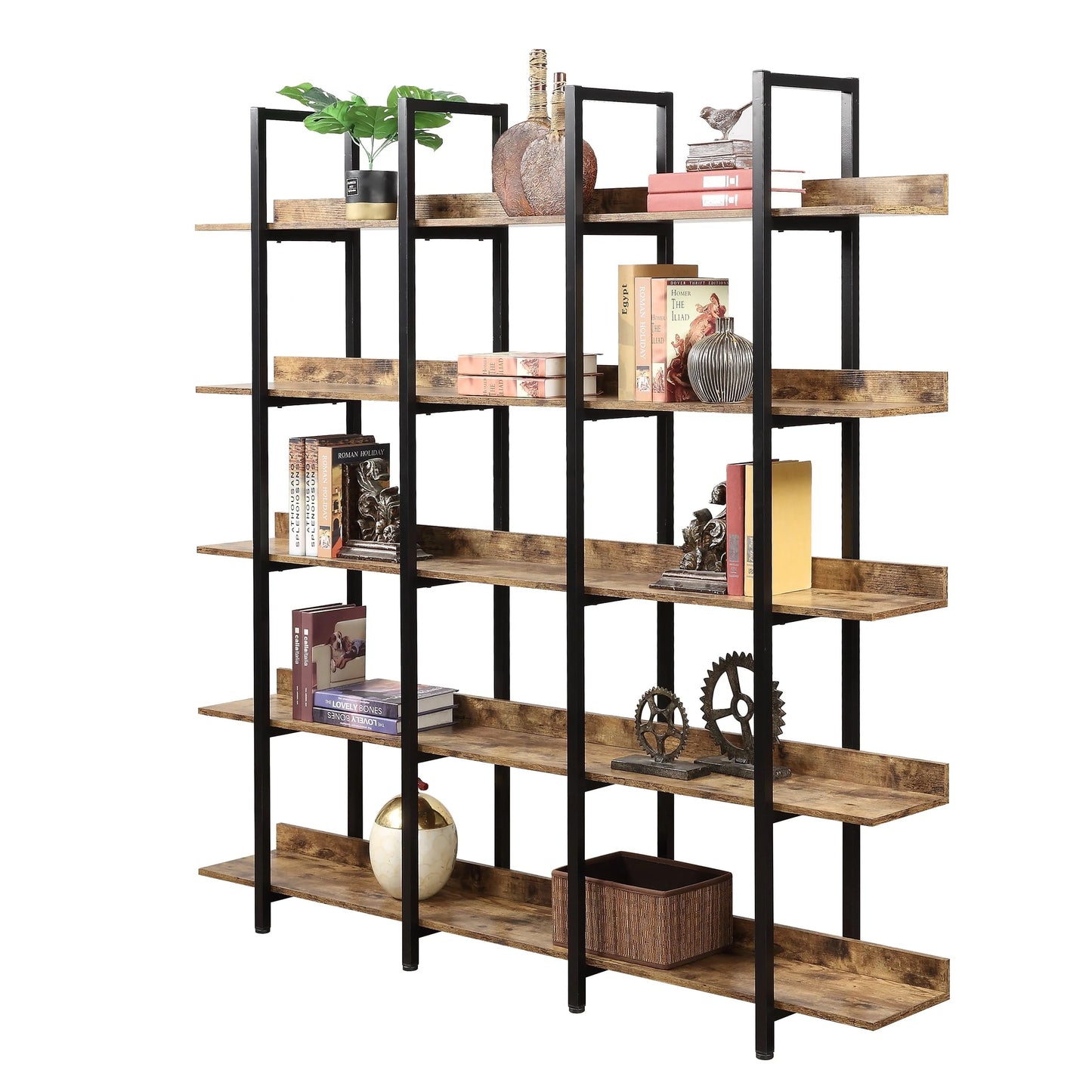Bellemave 5 Tier Large Open Bookshelf, Home Office Display Shelves with Metal Frame, Vintage Industrial Bookcases with Back Fence, High-quality MDF Board (Brown)