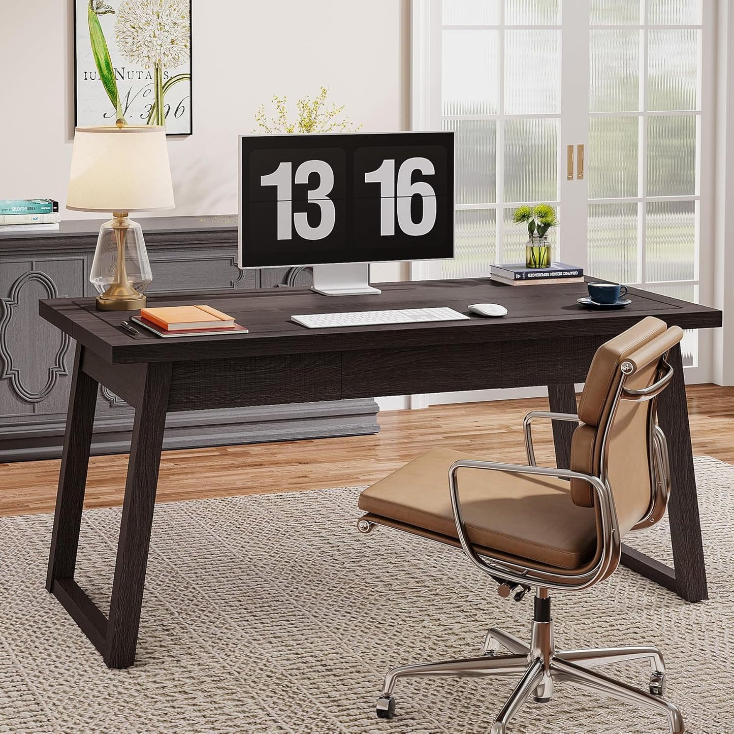 Executive Desk, 55 Inches Solid Wood Computer Desk with Drawer for Home Office